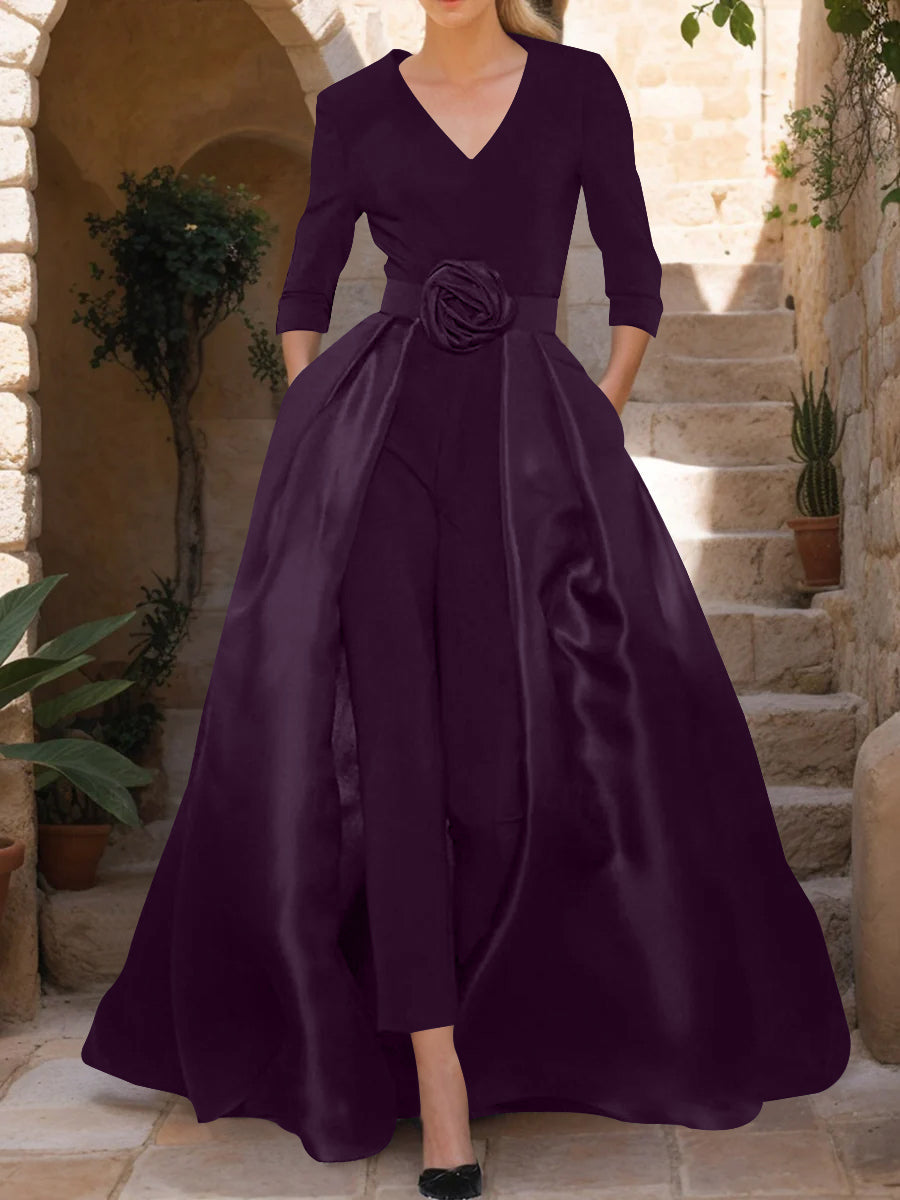 Mother of the Bride Pantsuit V Neck with Three Quarter Sleeves and Floral Belt