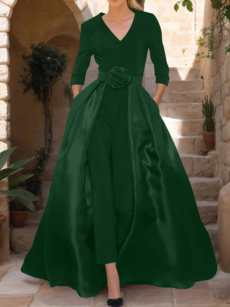 Mother of the Bride Pantsuit V Neck with Three Quarter Sleeves and Floral Belt