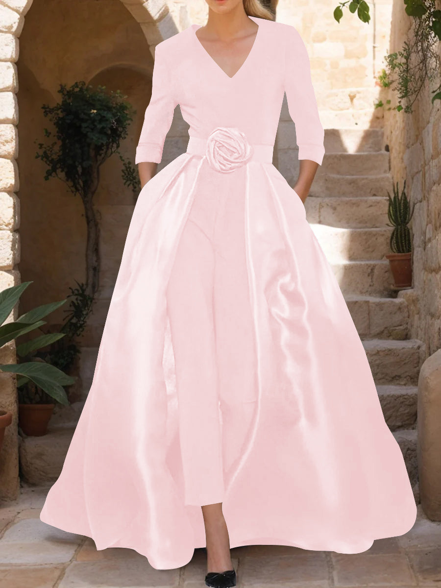 Mother of the Bride Pantsuit V Neck with Three Quarter Sleeves and Floral Belt