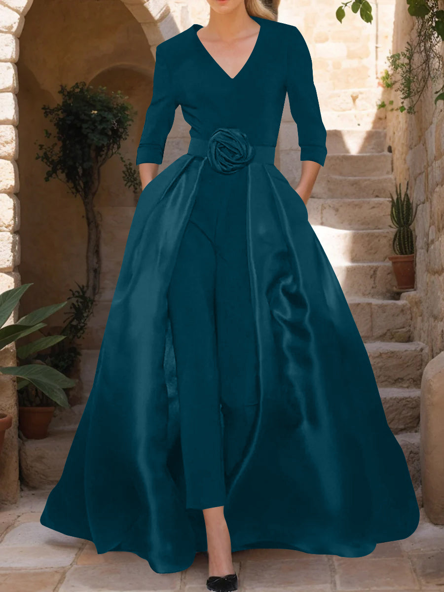 Mother of the Bride Pantsuit V Neck with Three Quarter Sleeves and Floral Belt