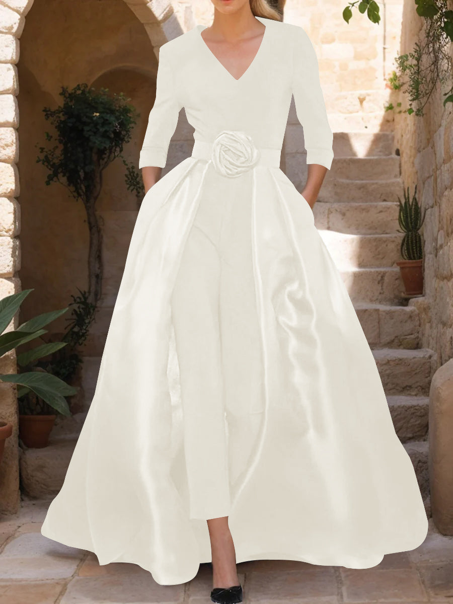 Mother of the Bride Pantsuit V Neck with Three Quarter Sleeves and Floral Belt