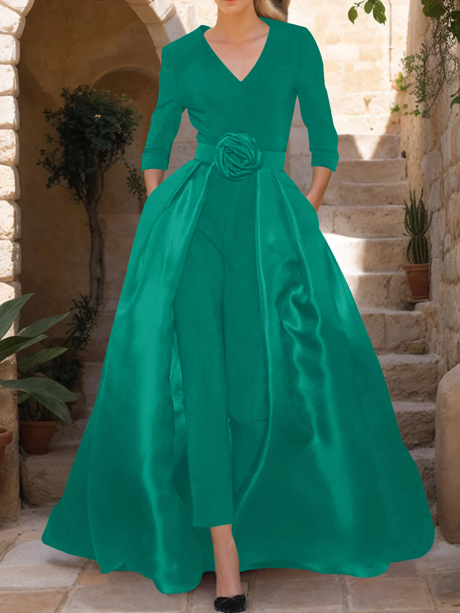 Mother of the Bride Pantsuit V Neck with Three Quarter Sleeves and Floral Belt