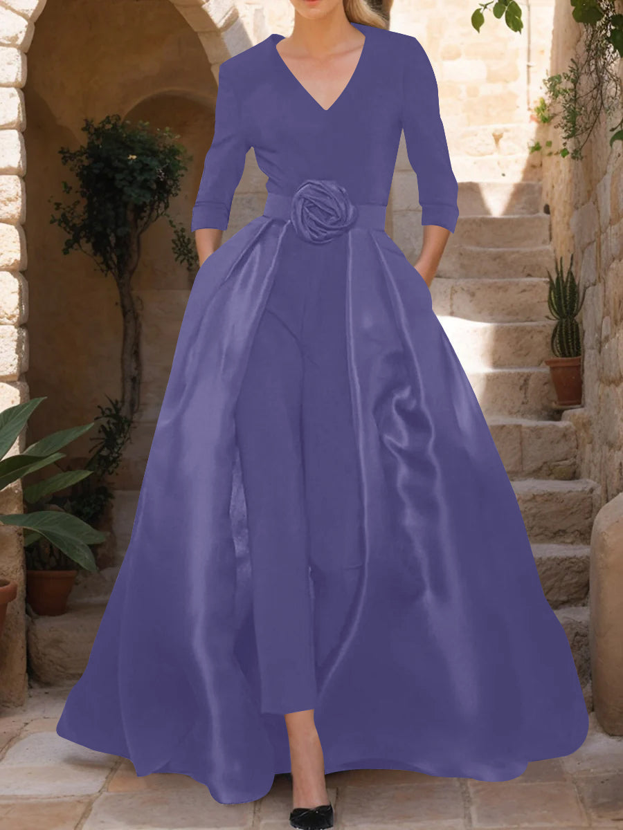 Mother of the Bride Pantsuit V Neck with Three Quarter Sleeves and Floral Belt