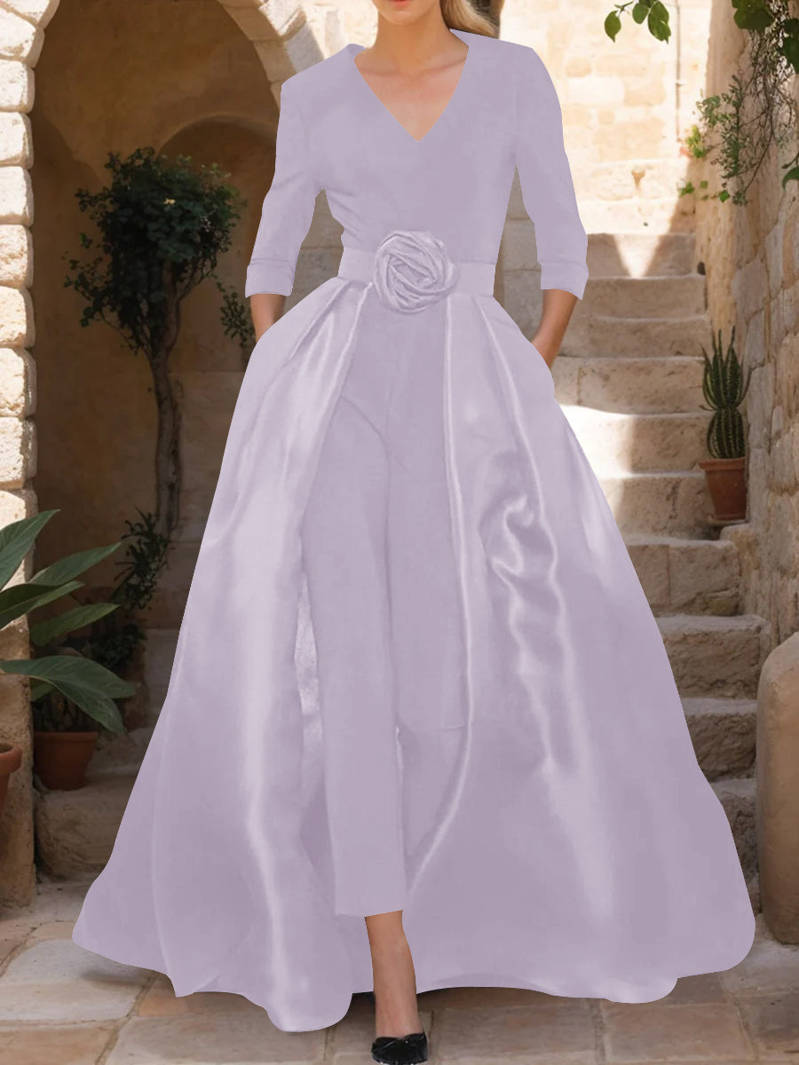 Mother of the Bride Pantsuit V Neck with Three Quarter Sleeves and Floral Belt