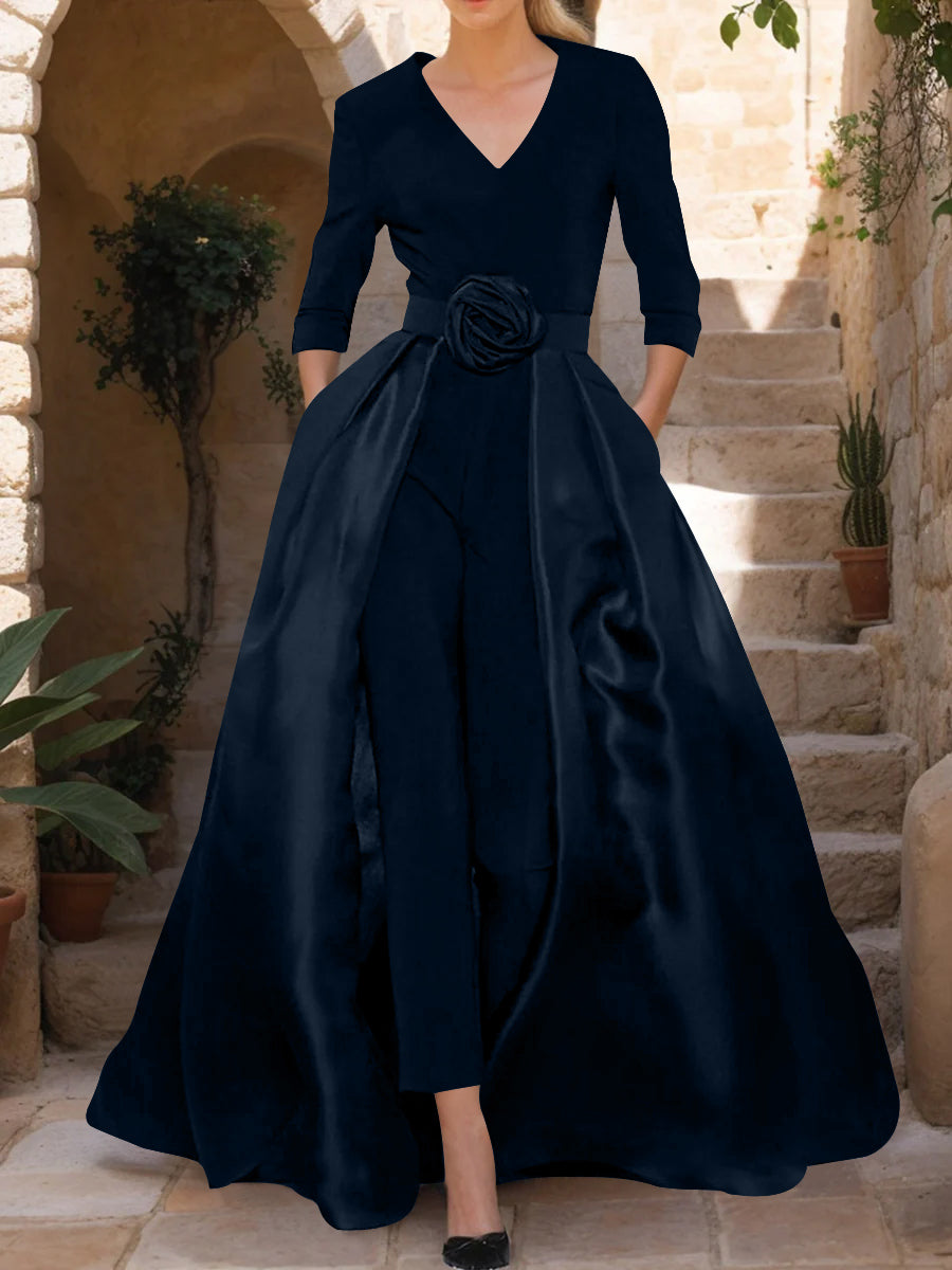 Mother of the Bride Pantsuit V Neck with Three Quarter Sleeves and Floral Belt