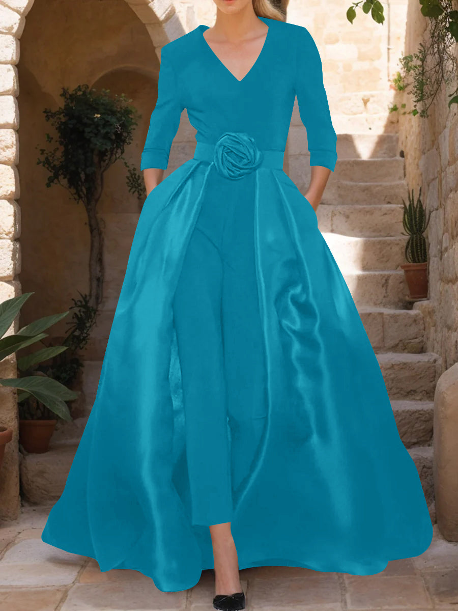 Mother of the Bride Pantsuit V Neck with Three Quarter Sleeves and Floral Belt