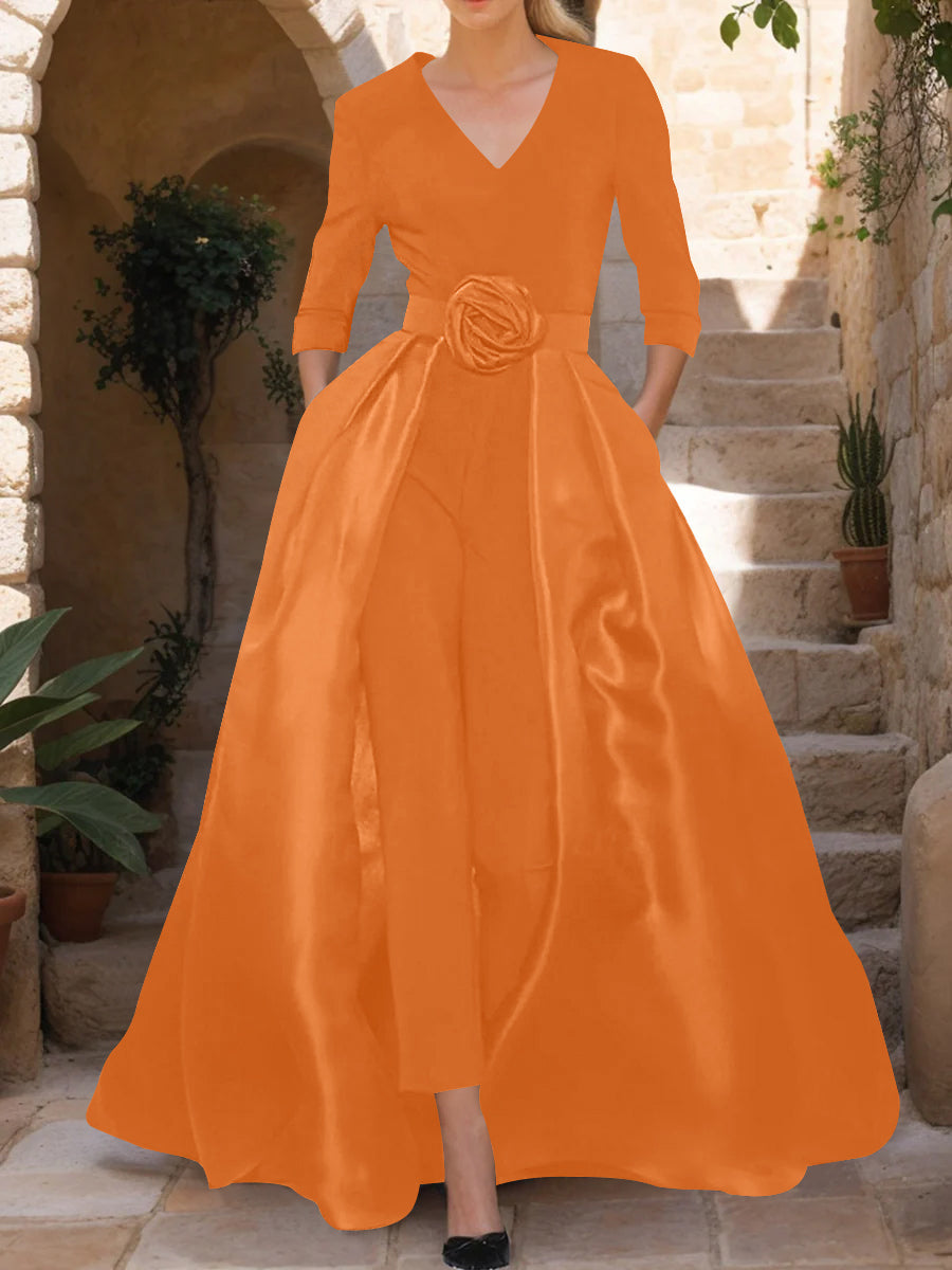 Mother of the Bride Pantsuit V Neck with Three Quarter Sleeves and Floral Belt
