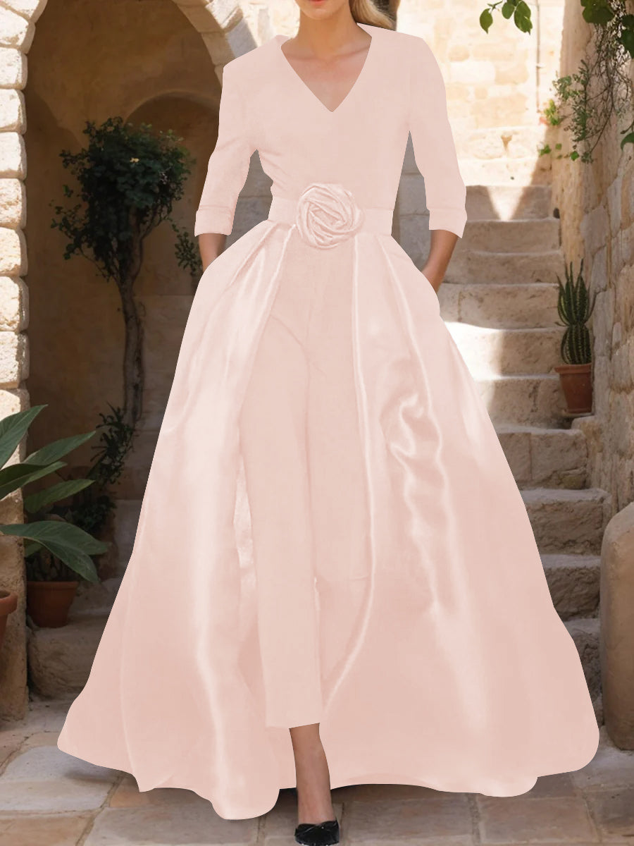 Mother of the Bride Pantsuit V Neck with Three Quarter Sleeves and Floral Belt