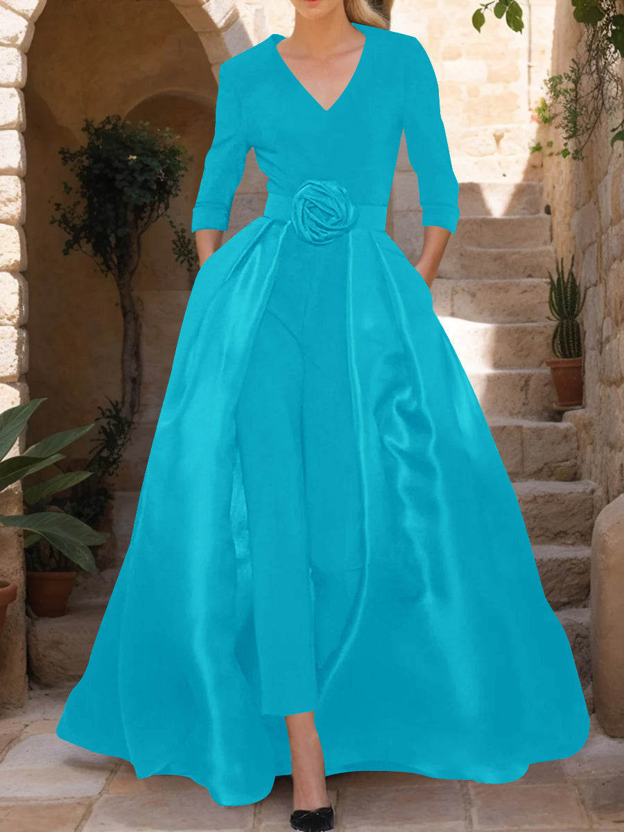 Mother of the Bride Pantsuit V Neck with Three Quarter Sleeves and Floral Belt