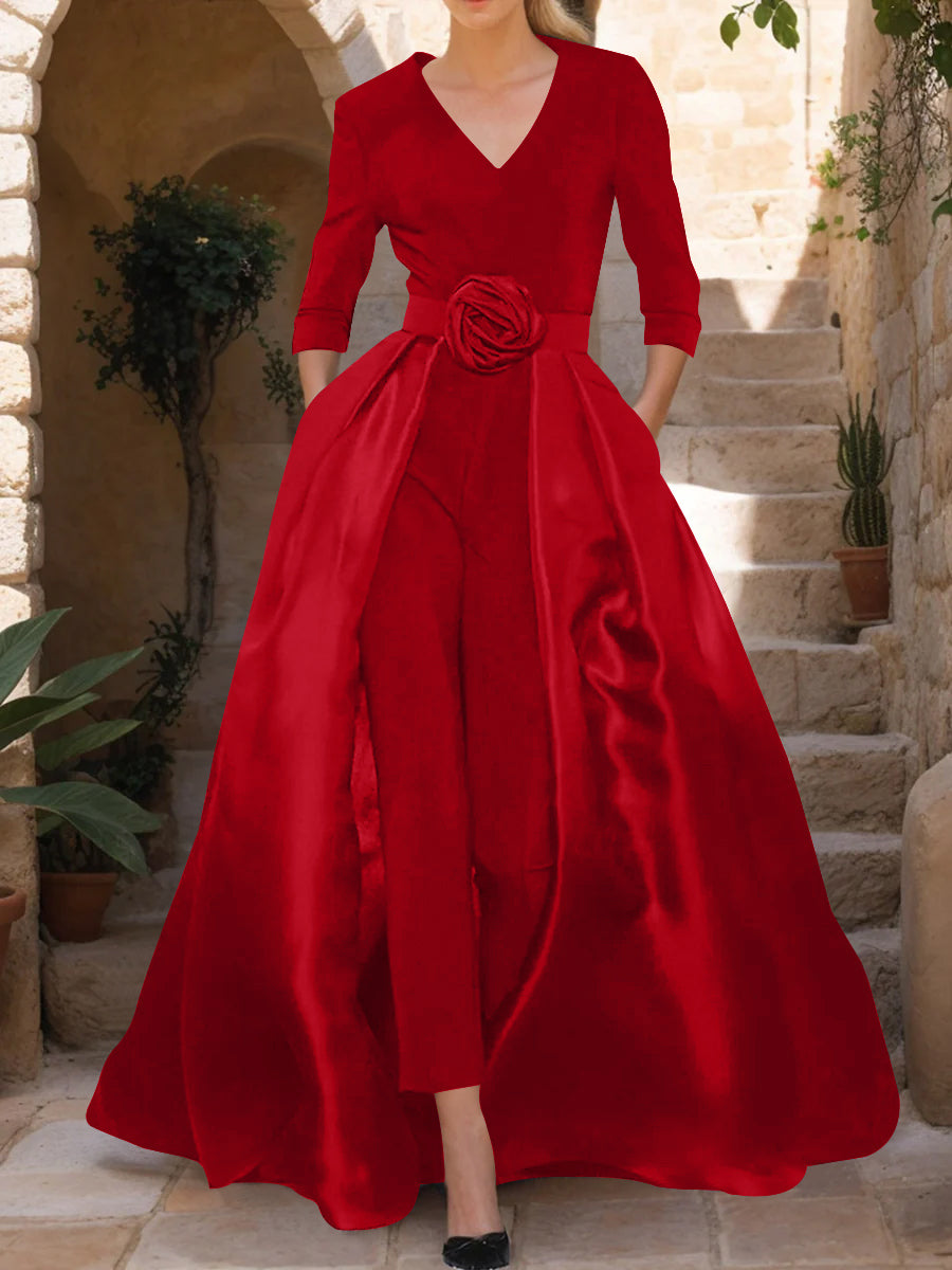 Mother of the Bride Pantsuit V Neck with Three Quarter Sleeves and Floral Belt