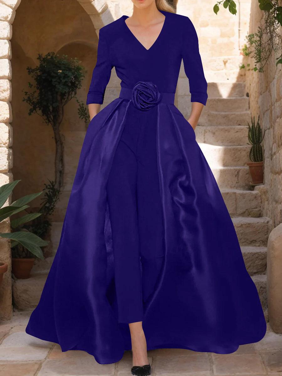 Mother of the Bride Pantsuit V Neck with Three Quarter Sleeves and Floral Belt