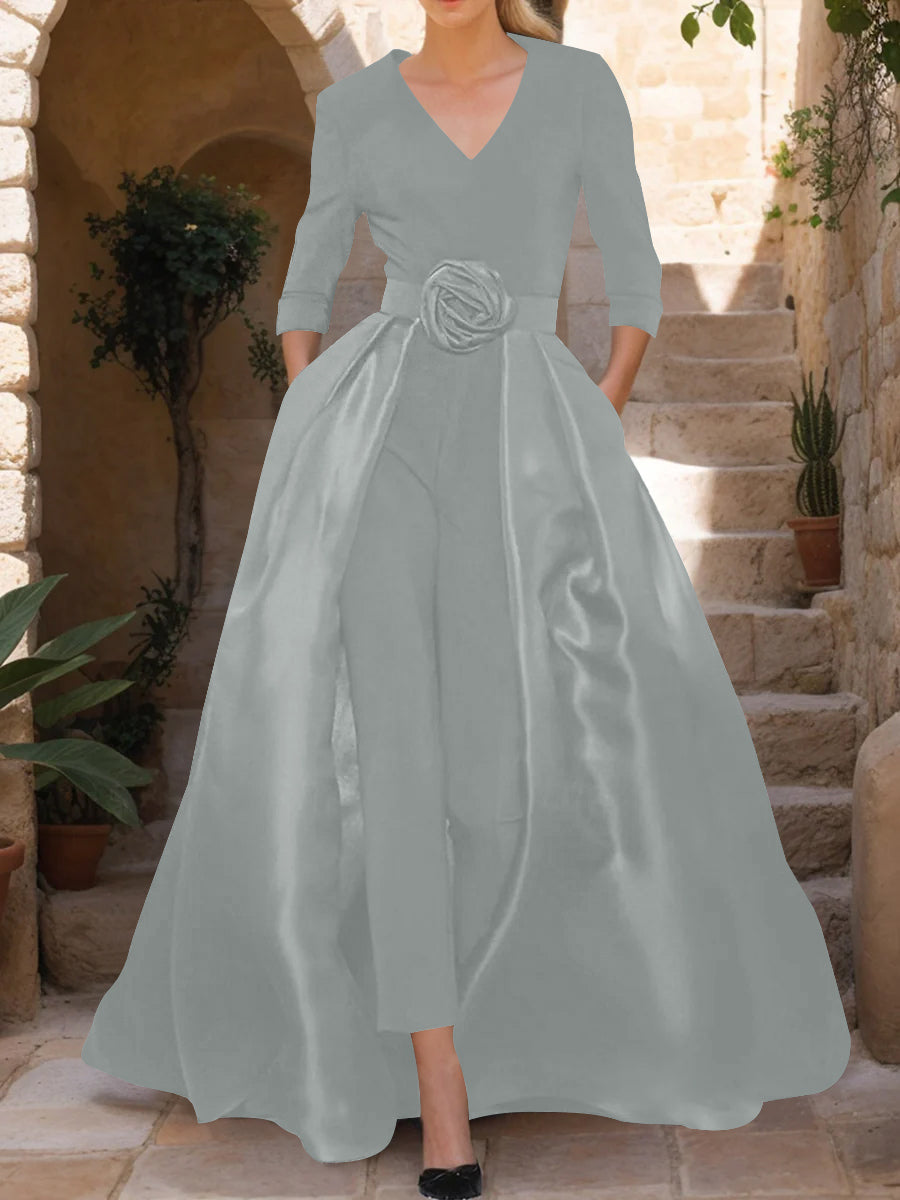 Mother of the Bride Pantsuit V Neck with Three Quarter Sleeves and Floral Belt