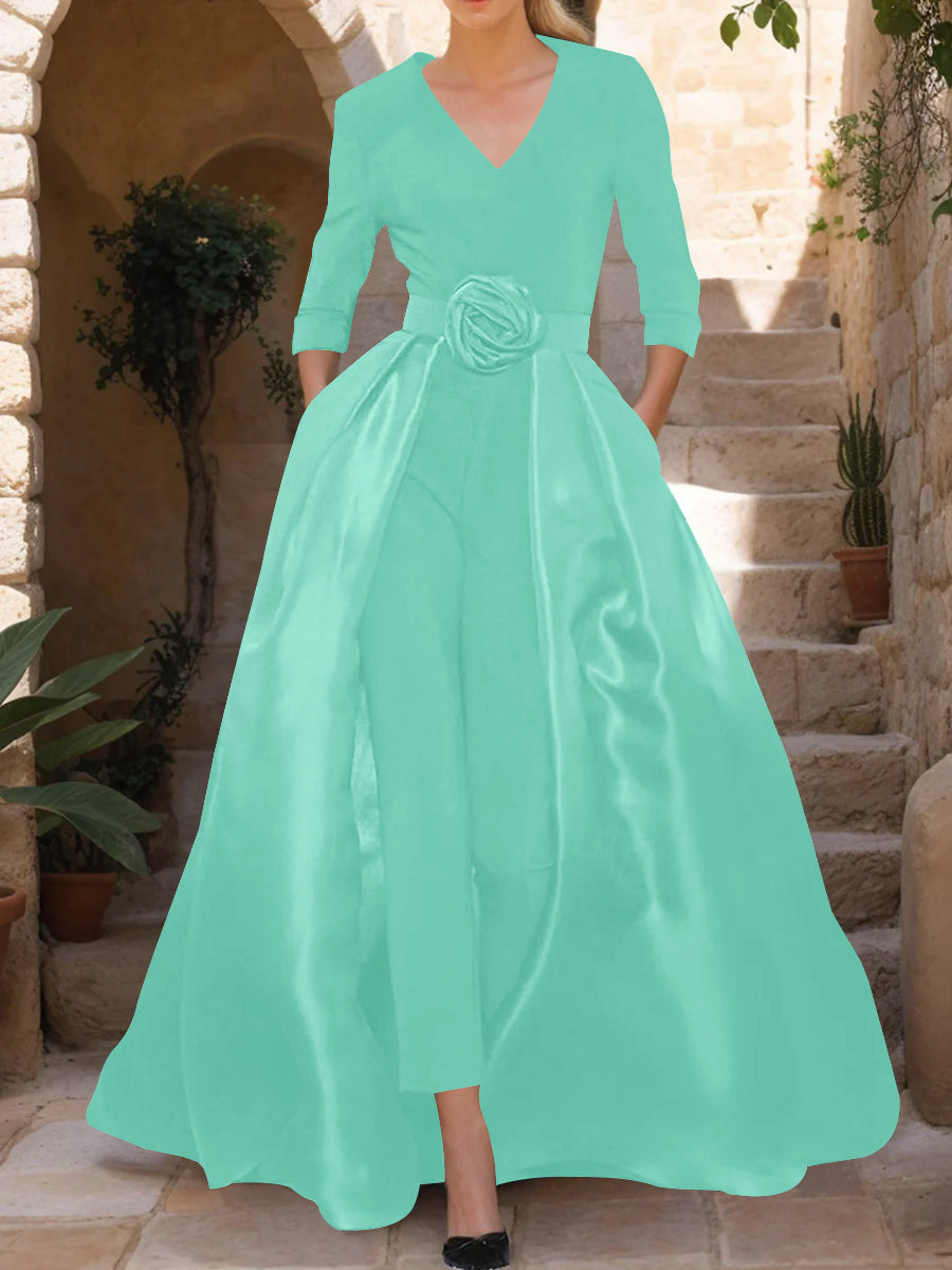 Mother of the Bride Pantsuit V Neck with Three Quarter Sleeves and Floral Belt
