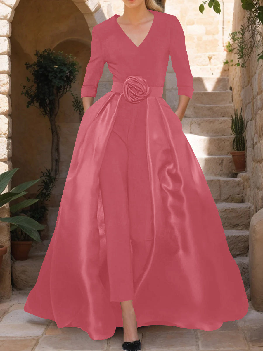 Mother of the Bride Pantsuit V Neck with Three Quarter Sleeves and Floral Belt