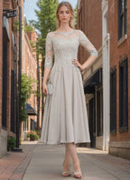 Princess A Line Tea Length Mother of the Bride Dress with Lace Appliques