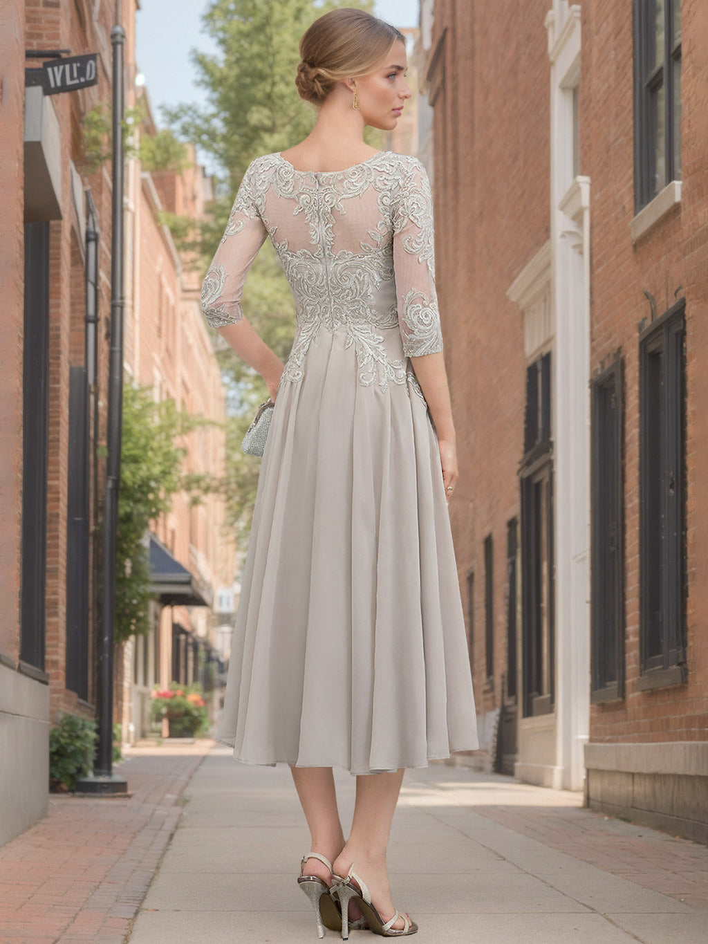 Princess A Line Tea Length Mother of the Bride Dress with Lace Appliques