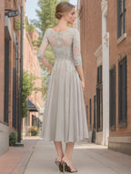 Princess A Line Tea Length Mother of the Bride Dress with Lace Appliques