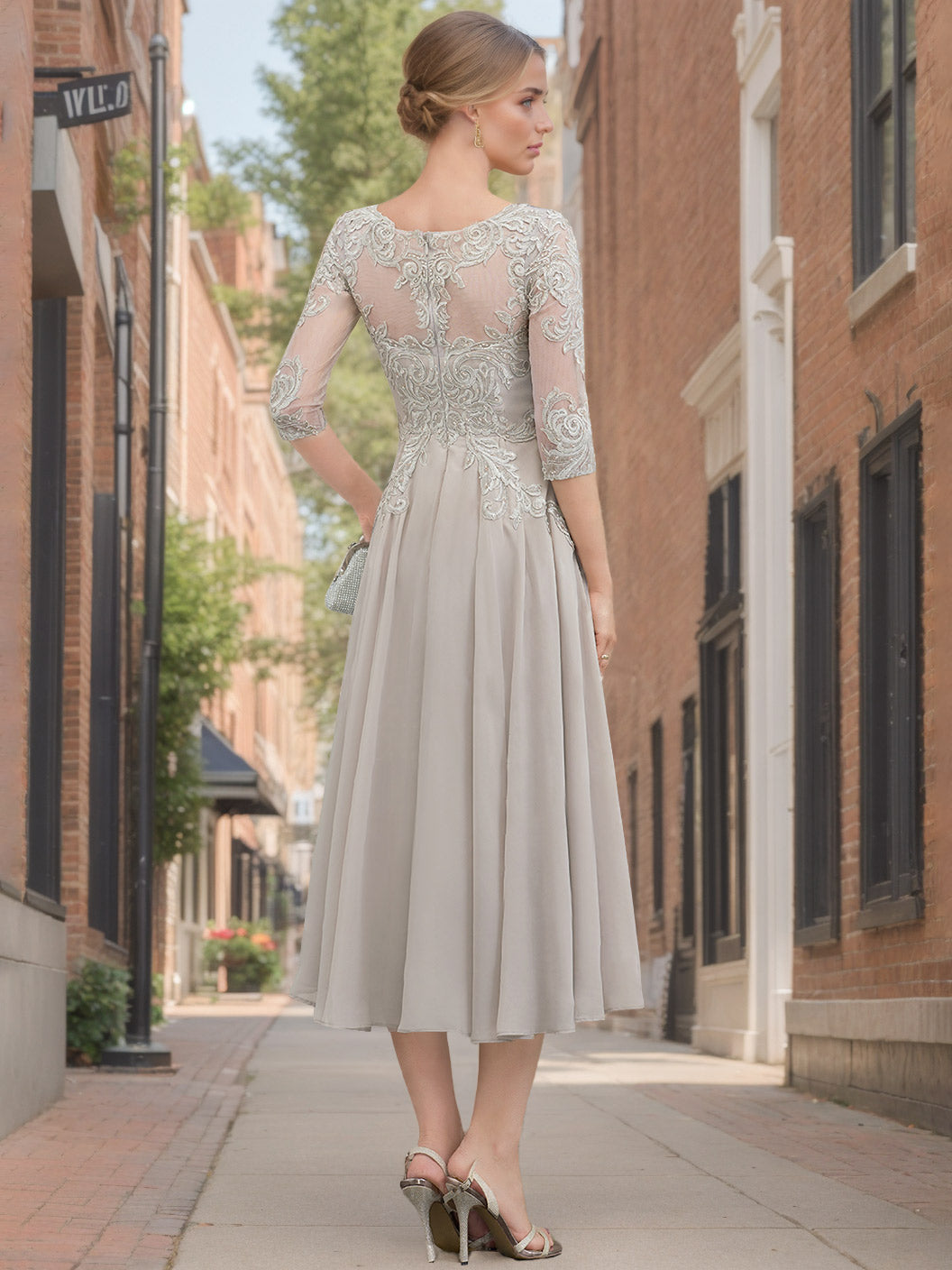 Princess A Line Tea Length Mother of the Bride Dress with Lace Appliques