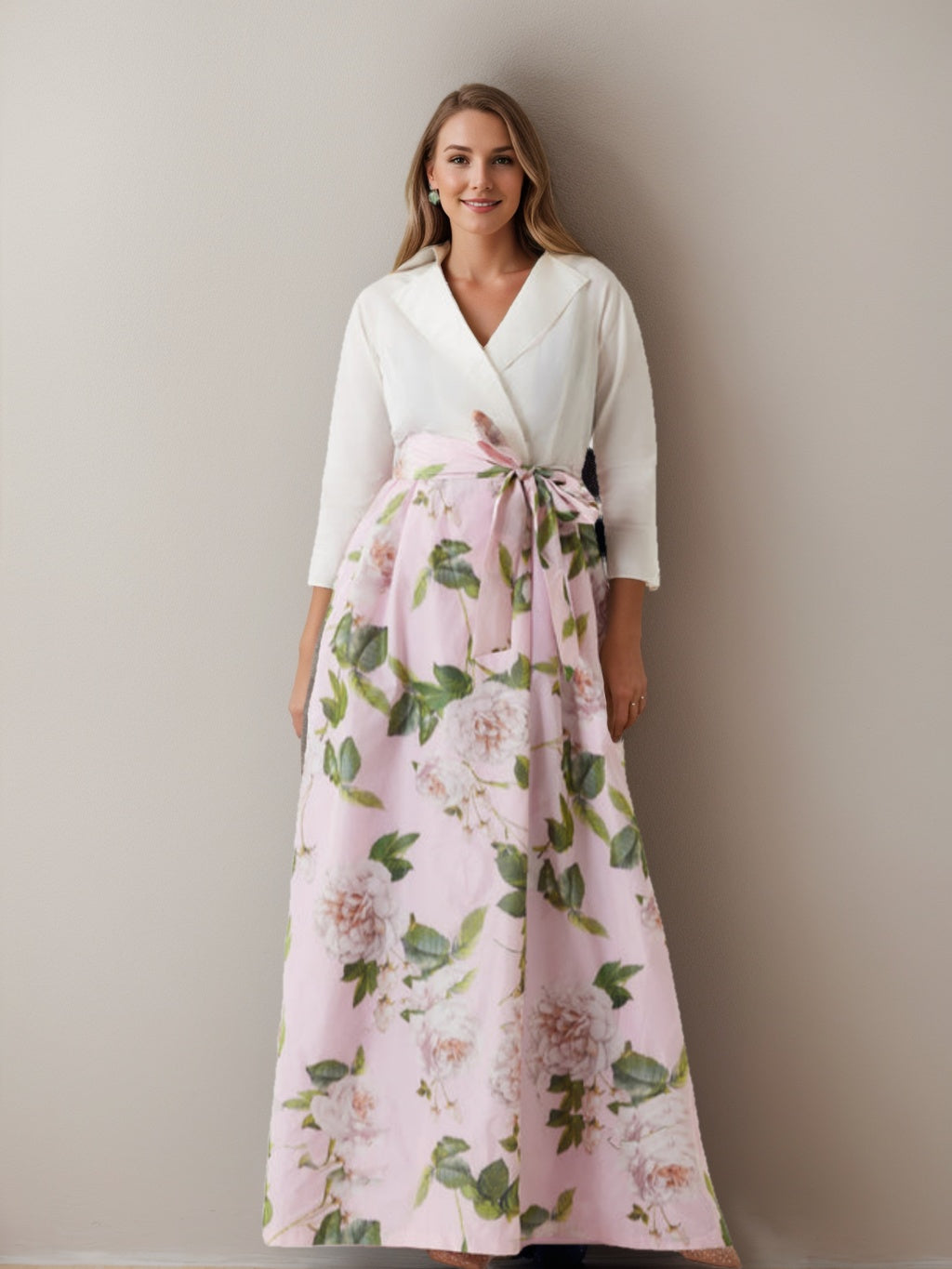 Printed Floral Plus Size Mother Of The Bride A Line Dress With V Neck