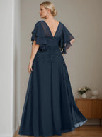 Plus Size V Neck A Line Mother Of The Bride Dress Sequins Half Sleeve Ruffles
