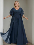 Plus Size V Neck A Line Mother Of The Bride Dress Sequins Half Sleeve Ruffles