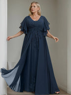 Plus Size V Neck A Line Mother Of The Bride Dress Sequins Half Sleeve Ruffles
