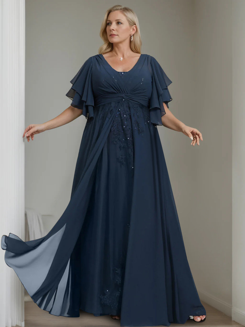 Plus Size V Neck A Line Mother Of The Bride Dress Sequins Half Sleeve Ruffles