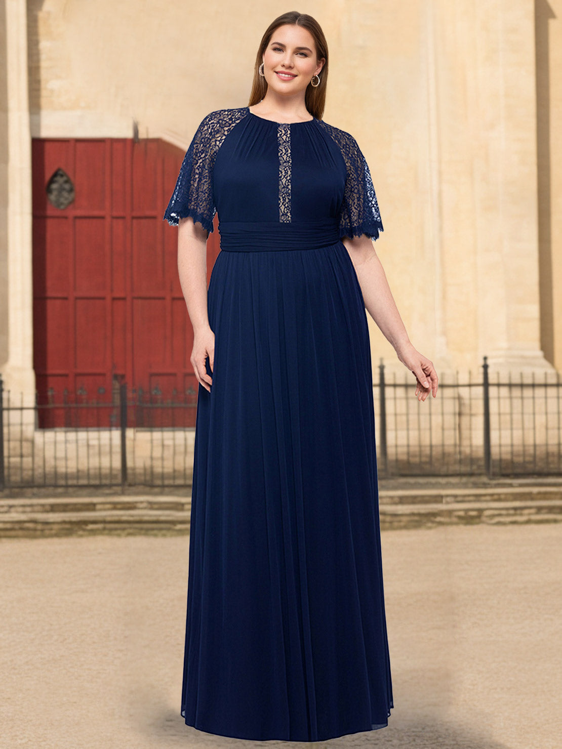 Plus Size Floor Length Mother Of The Bride A Line Dress Lace Ruffles Scoop Neck