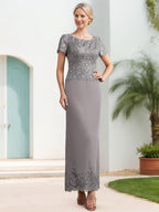 Scoop Neck Short Sleeve Sheath Dress With Appliques For Mother Of The Bride