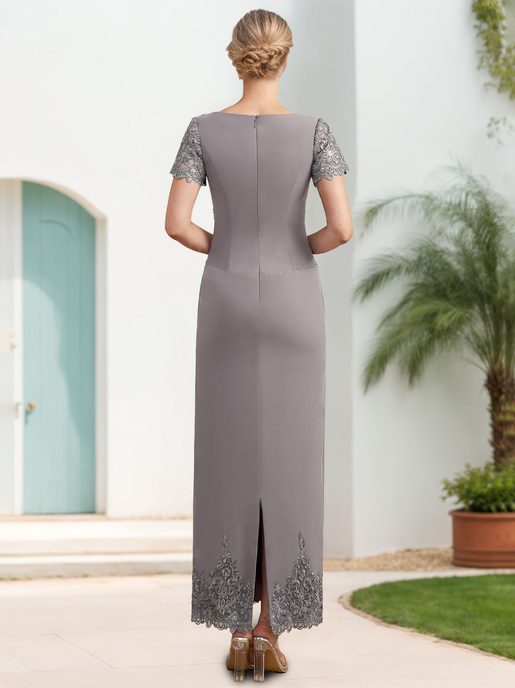 Scoop Neck Short Sleeve Sheath Dress With Appliques For Mother Of The Bride