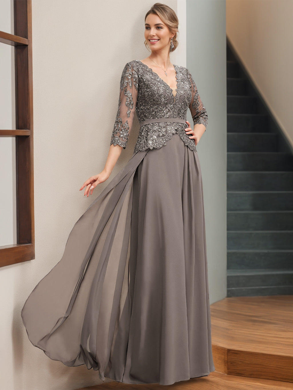 Princess A Line V Neck Floor Length Mother Of The Bride Dress With Sequins