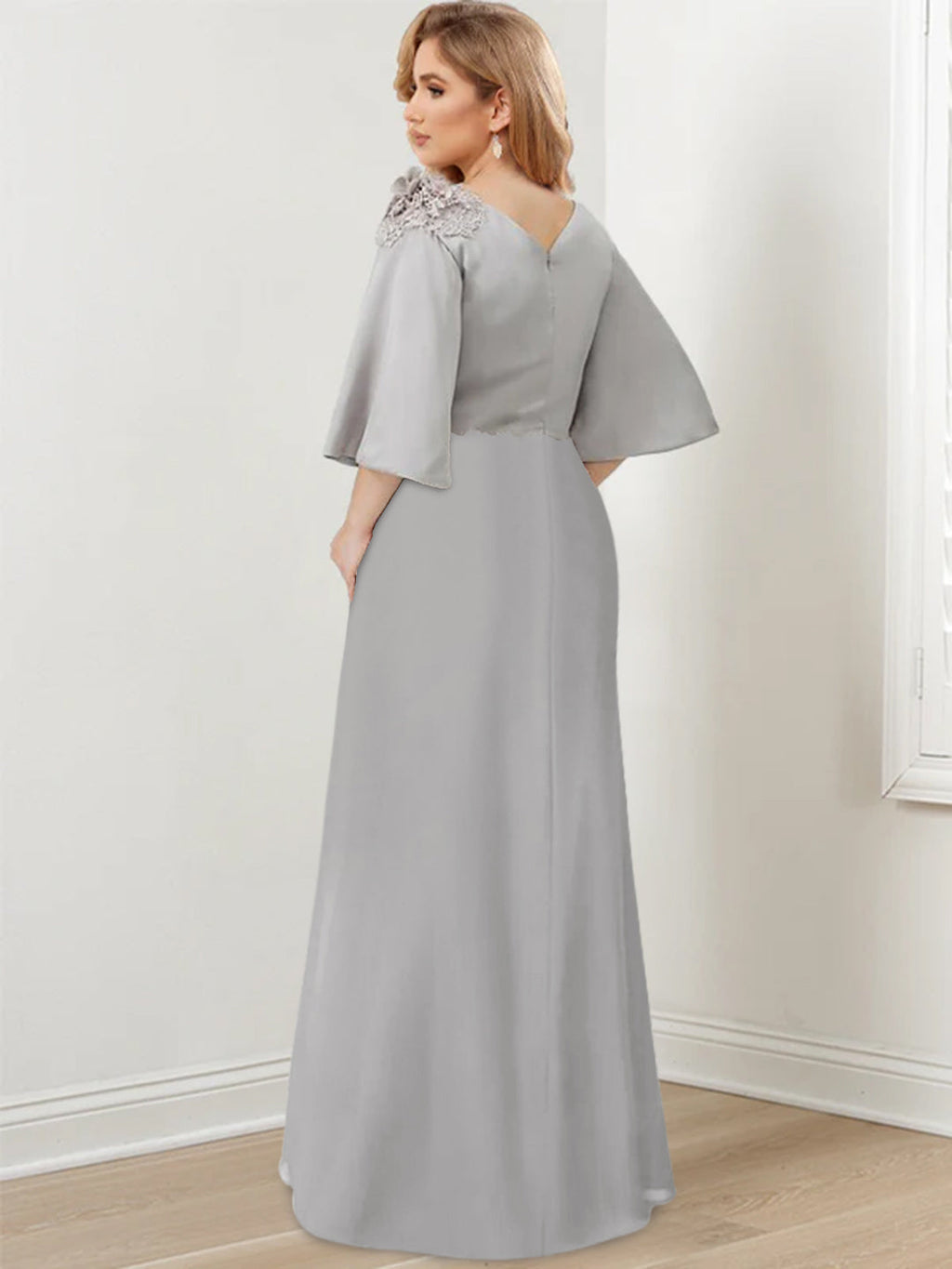 Floor Length A Line Gown For Mother Of The Bride With Scoop Neck Ruffled Sleeves