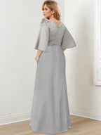 Floor Length A Line Gown For Mother Of The Bride With Scoop Neck Ruffled Sleeves