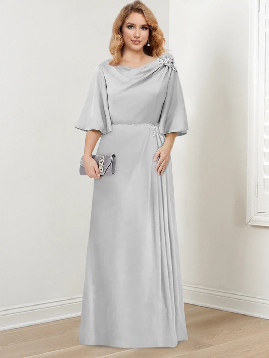 Floor Length A Line Gown For Mother Of The Bride With Scoop Neck Ruffled Sleeves