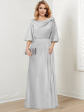 Floor Length A Line Gown For Mother Of The Bride With Scoop Neck Ruffled Sleeves