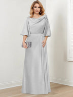 Floor Length A Line Gown For Mother Of The Bride With Scoop Neck Ruffled Sleeves