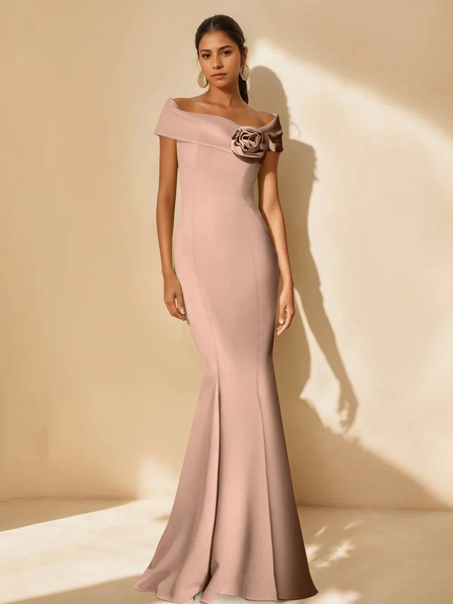 Mother Of Bride Off Shoulder Dress Trumpet Mermaid Style With Detachable Flower