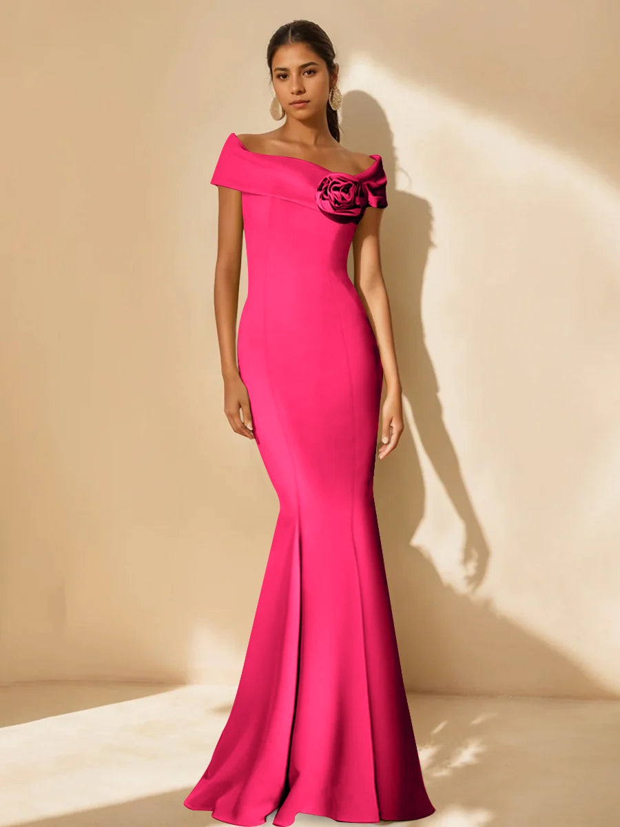 Mother Of Bride Off Shoulder Dress Trumpet Mermaid Style With Detachable Flower
