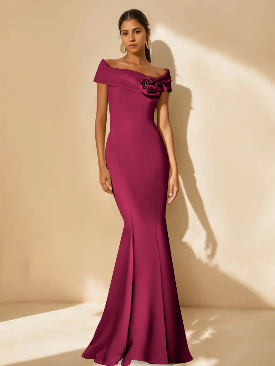 Mother Of Bride Off Shoulder Dress Trumpet Mermaid Style With Detachable Flower