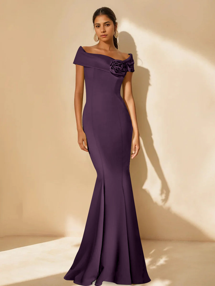 Mother Of Bride Off Shoulder Dress Trumpet Mermaid Style With Detachable Flower