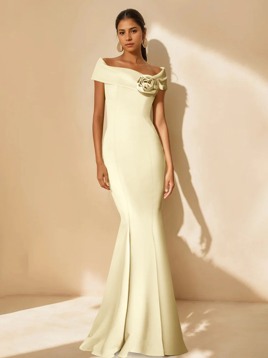 Mother Of Bride Off Shoulder Dress Trumpet Mermaid Style With Detachable Flower