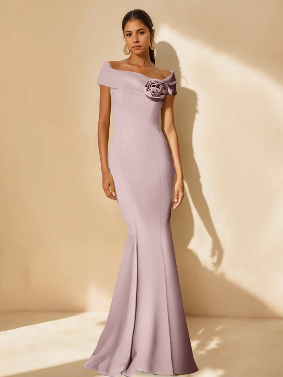 Mother Of Bride Off Shoulder Dress Trumpet Mermaid Style With Detachable Flower