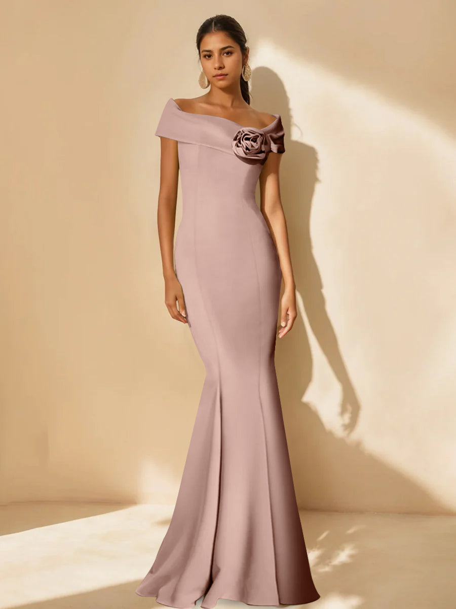 Mother Of Bride Off Shoulder Dress Trumpet Mermaid Style With Detachable Flower