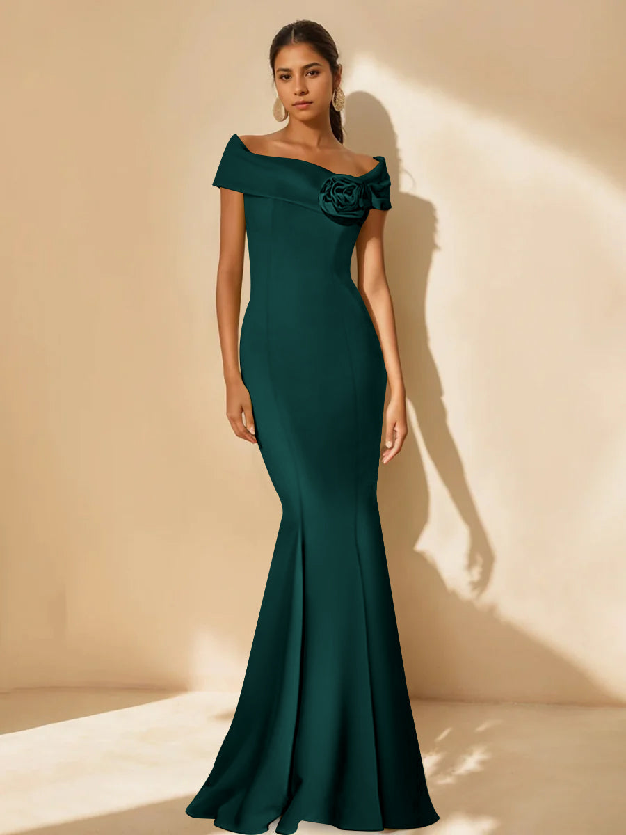 Mother Of Bride Off Shoulder Dress Trumpet Mermaid Style With Detachable Flower
