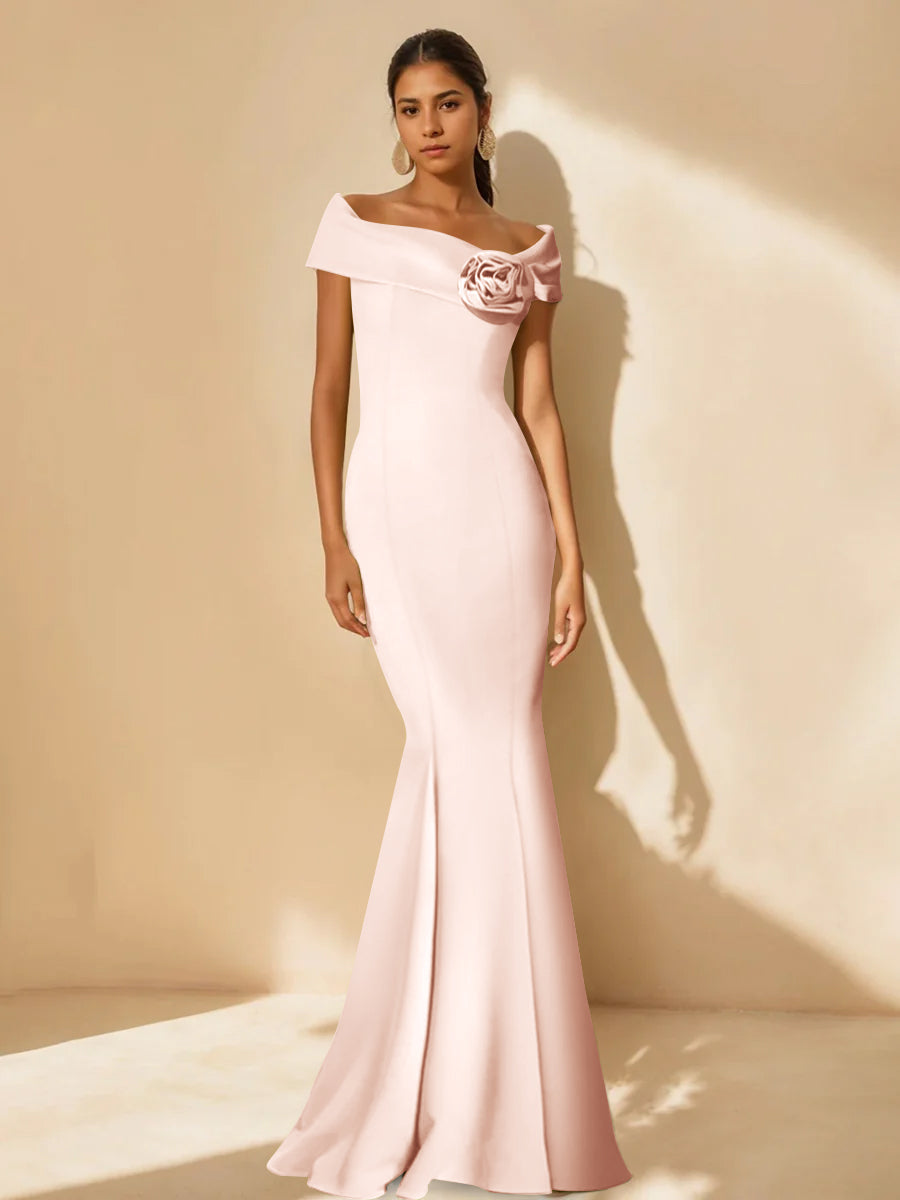 Mother Of Bride Off Shoulder Dress Trumpet Mermaid Style With Detachable Flower