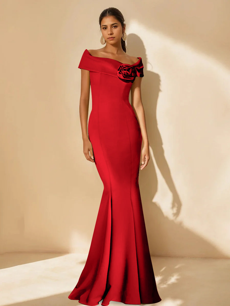 Mother Of Bride Off Shoulder Dress Trumpet Mermaid Style With Detachable Flower