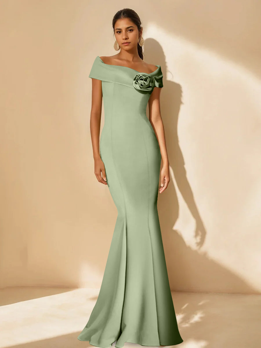 Mother Of Bride Off Shoulder Dress Trumpet Mermaid Style With Detachable Flower