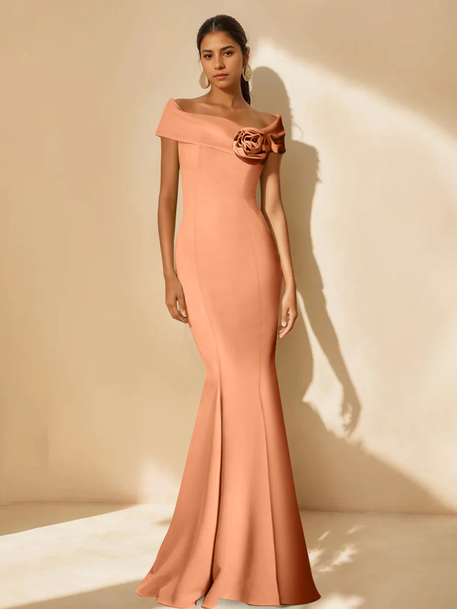 Mother Of Bride Off Shoulder Dress Trumpet Mermaid Style With Detachable Flower