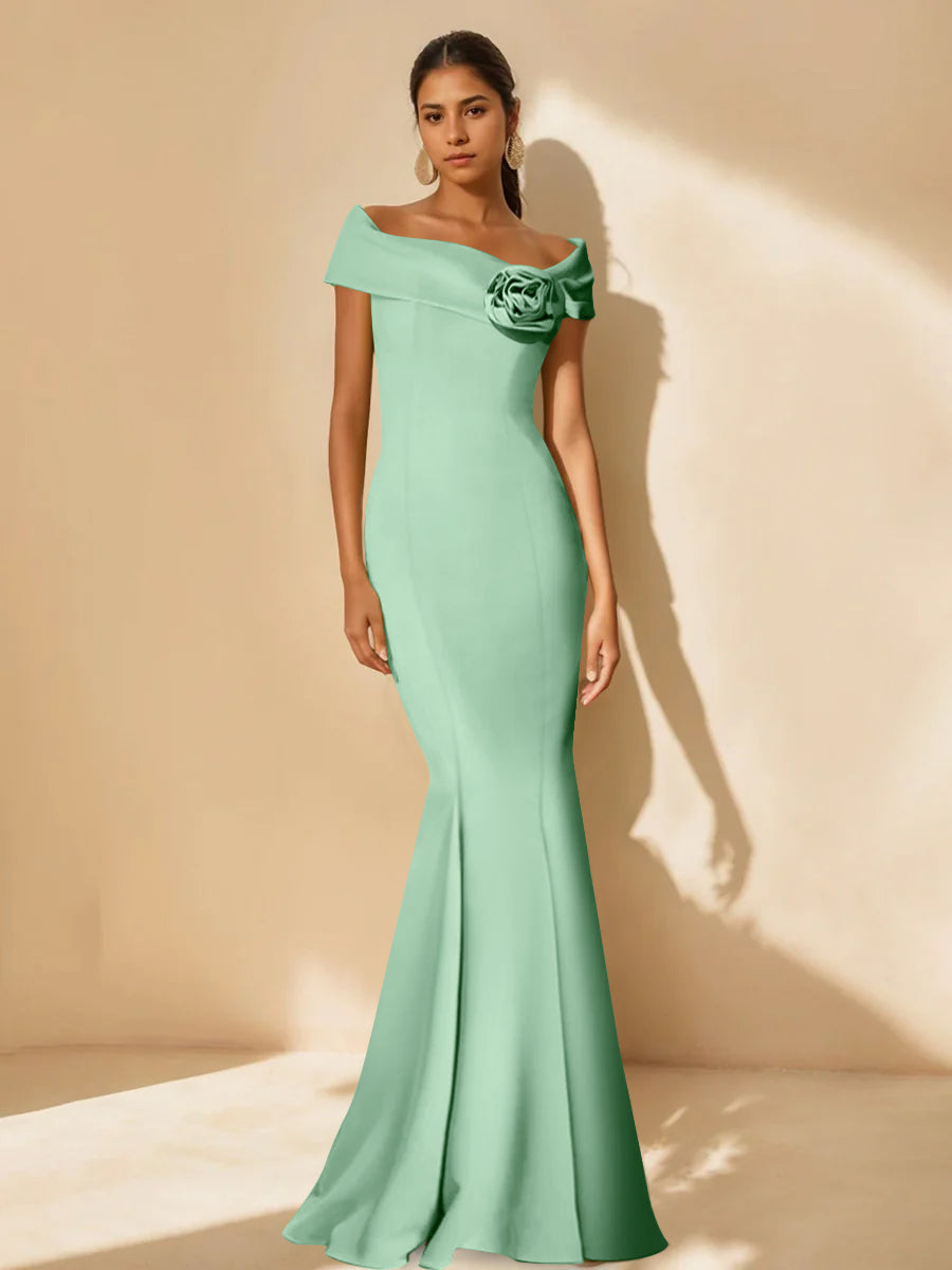 Mother Of Bride Off Shoulder Dress Trumpet Mermaid Style With Detachable Flower