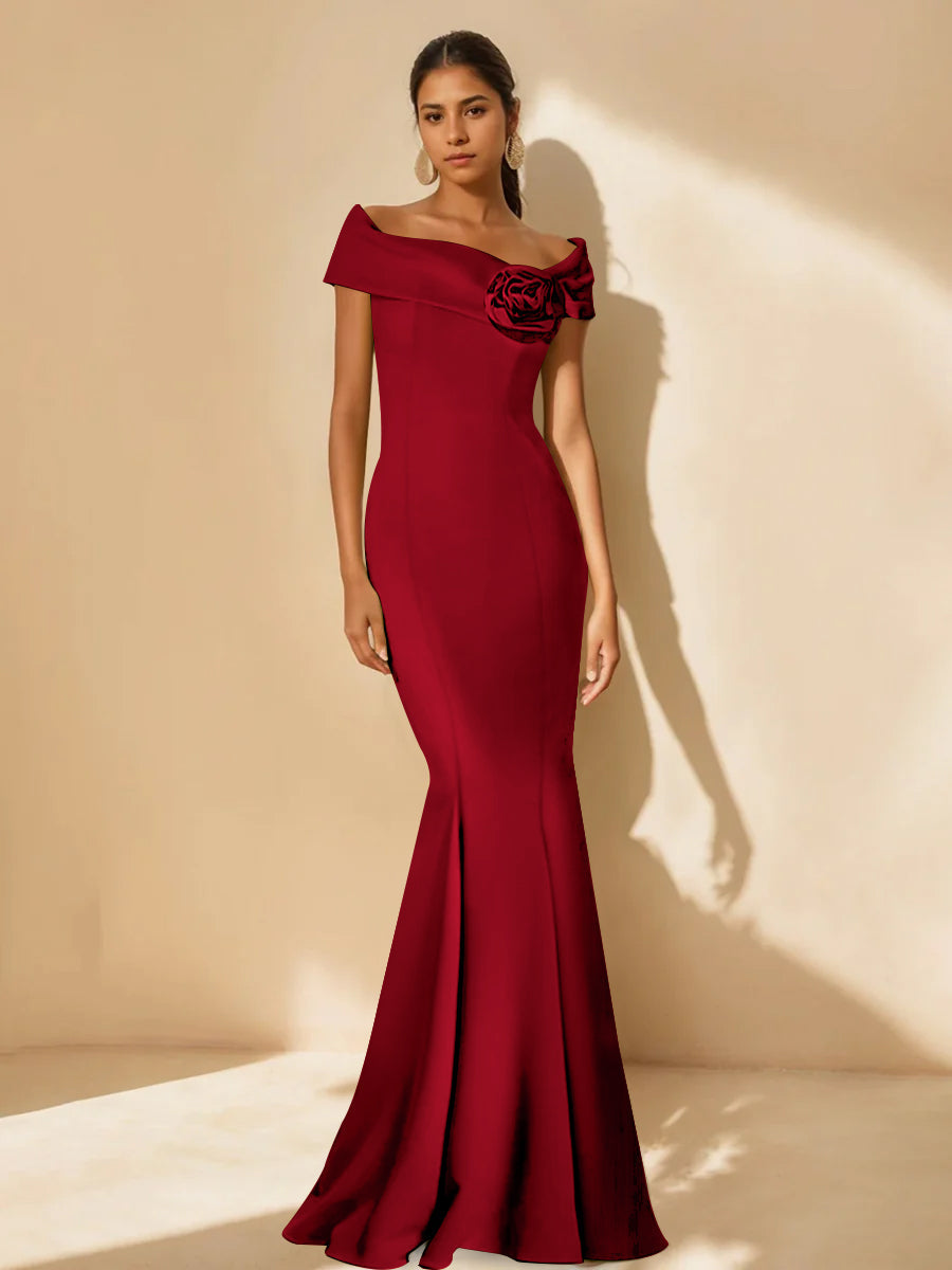Mother Of Bride Off Shoulder Dress Trumpet Mermaid Style With Detachable Flower